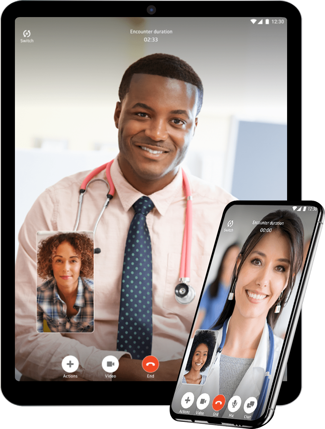 Image of a table and a phone showing male and female doctors during a virtual consultation call.
